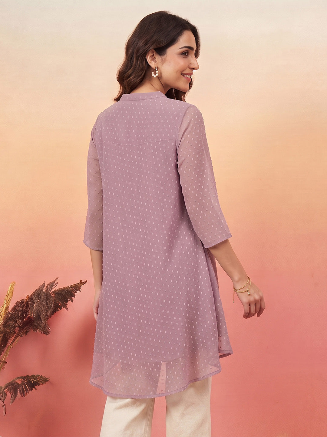 Janasya Women's Lavender Dobby Chiffon Solid A-Line Tunic