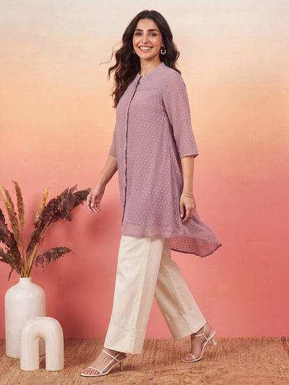 Janasya Women's Lavender Dobby Chiffon Solid A-Line Tunic