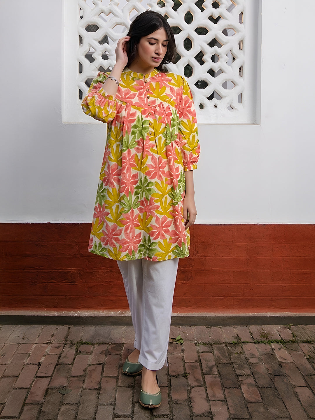Janasya Women's Multicolor Pure Cotton Floral Printed A-Line Tunic