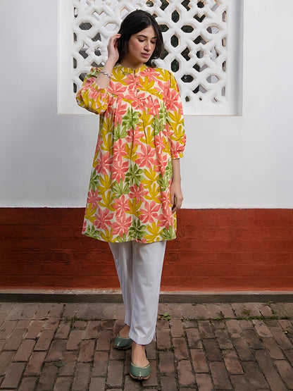 Janasya Women's Multicolor Pure Cotton Floral Printed A-Line Tunic