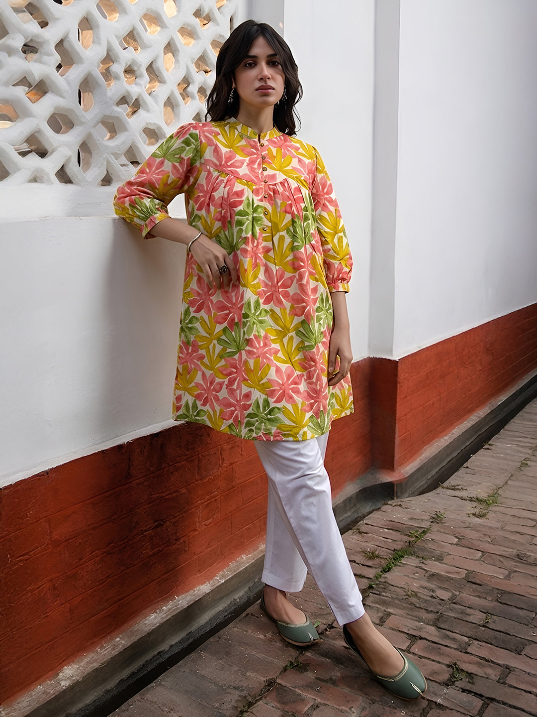 Janasya Women's Multicolor Pure Cotton Floral Printed A-Line Tunic