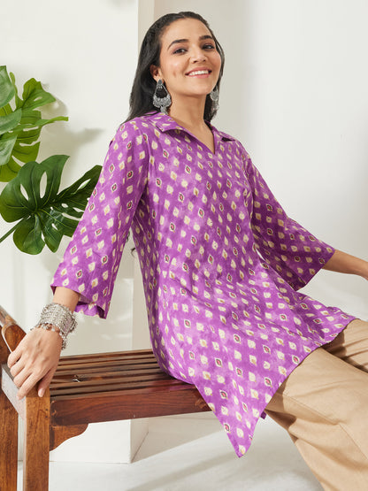Janasya Women's Purple Pure Cotton Ethnic Motifs Printed A-Line Tunic