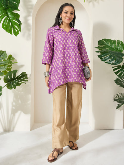 Janasya Women's Purple Pure Cotton Ethnic Motifs Printed A-Line Tunic