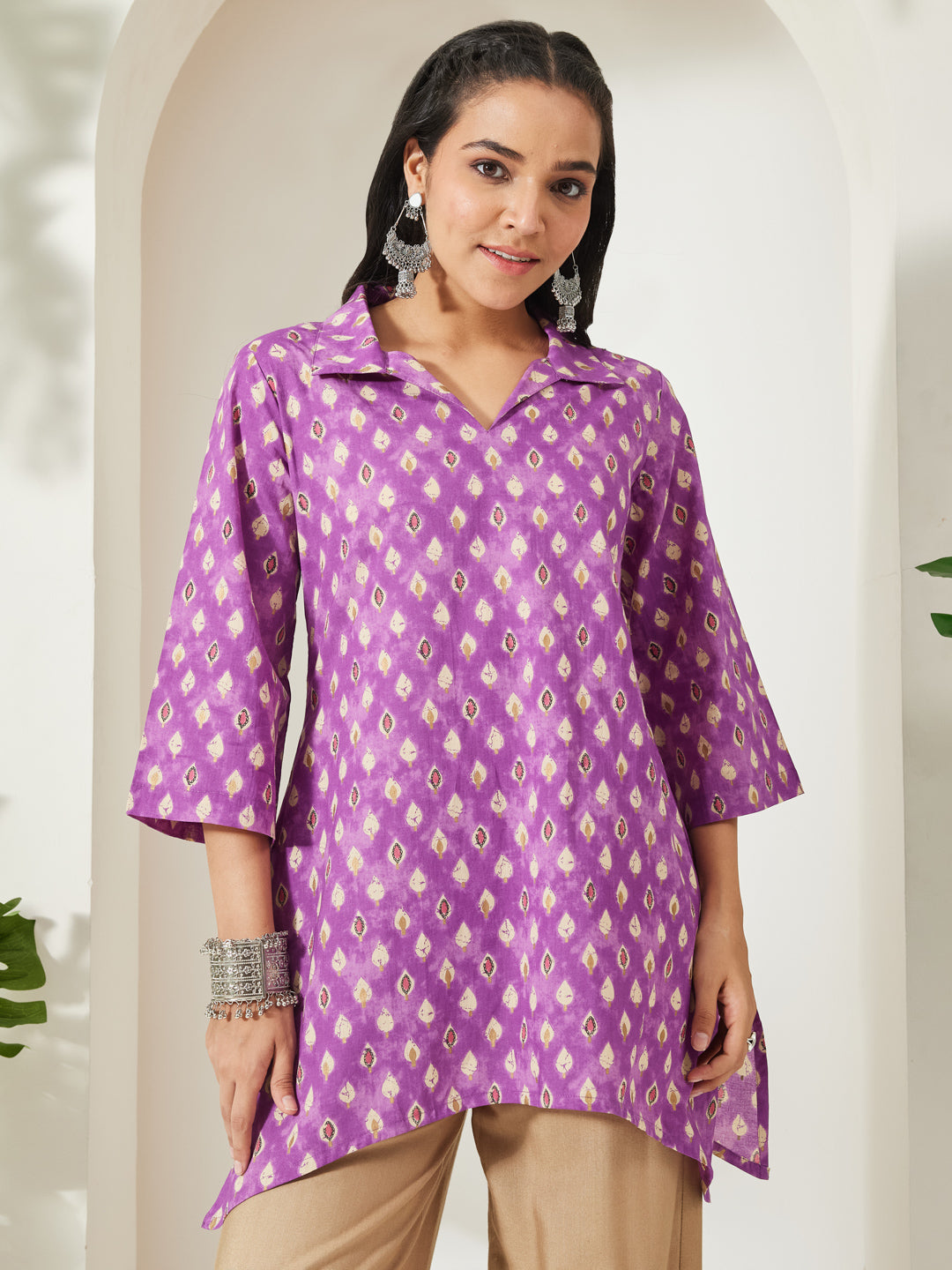 Janasya Women's Purple Pure Cotton Ethnic Motifs Printed A-Line Tunic