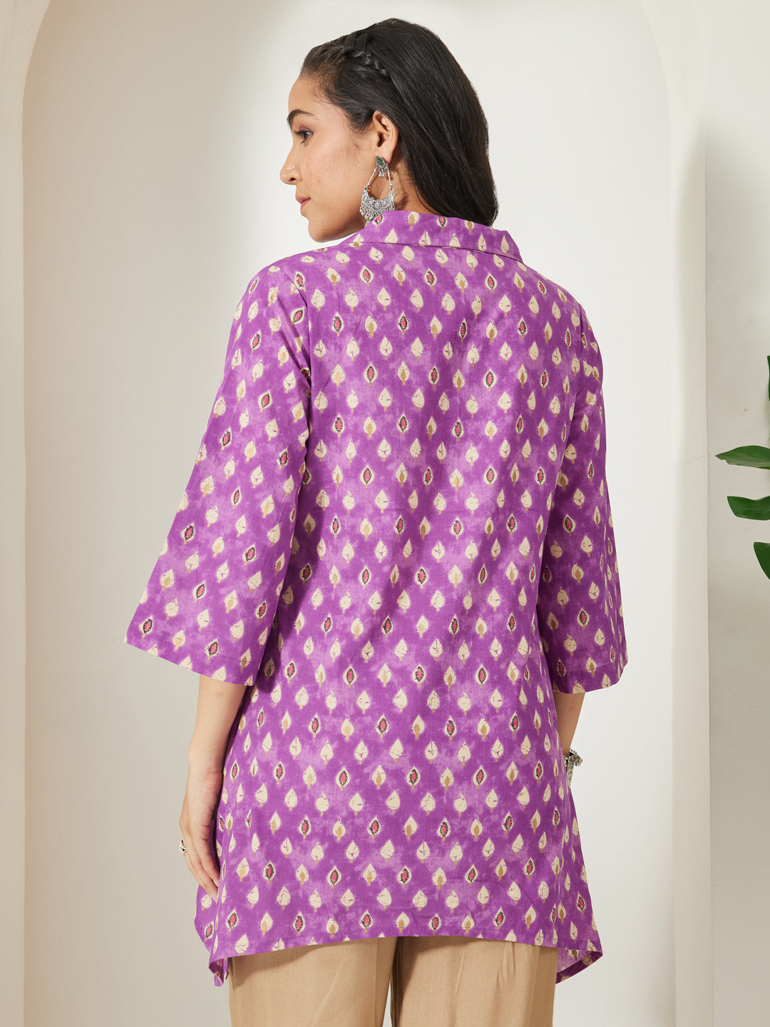 Janasya Women's Purple Pure Cotton Ethnic Motifs Printed A-Line Tunic