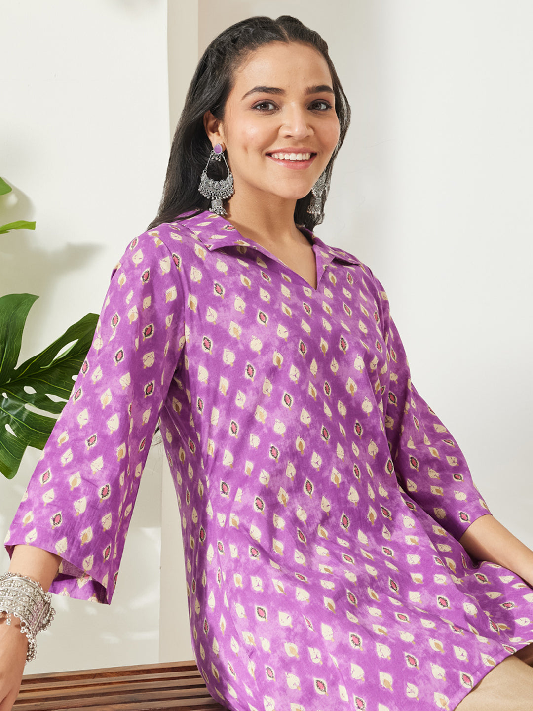 Janasya Women's Purple Pure Cotton Ethnic Motifs Printed A-Line Tunic