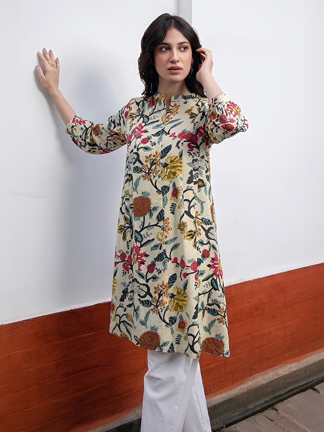 Janasya Women's Beige Pure Cotton Floral Printed A-Line Tunic