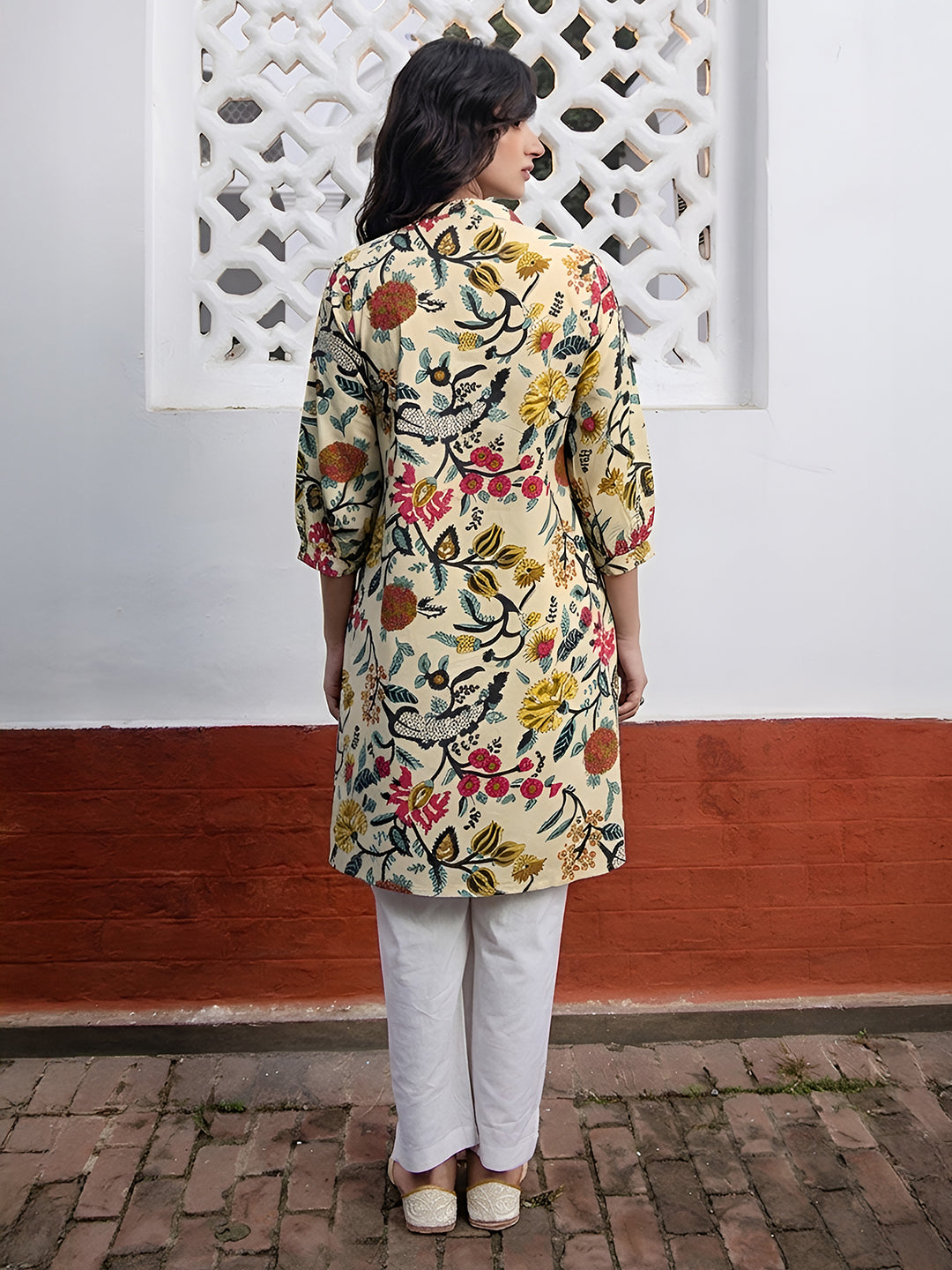 Janasya Women's Beige Pure Cotton Floral Printed A-Line Tunic