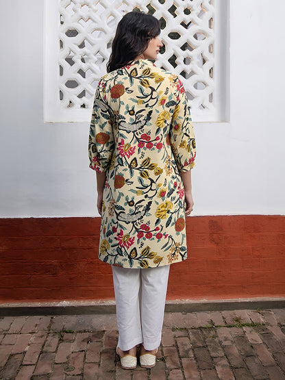Janasya Women's Beige Pure Cotton Floral Printed A-Line Tunic
