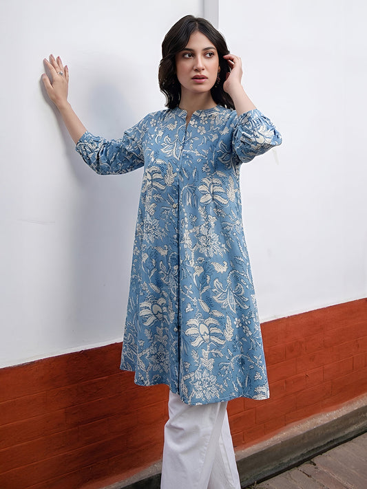 Janasya Women's Sky Blue Pure Cotton Floral Printed A-Line Tunic