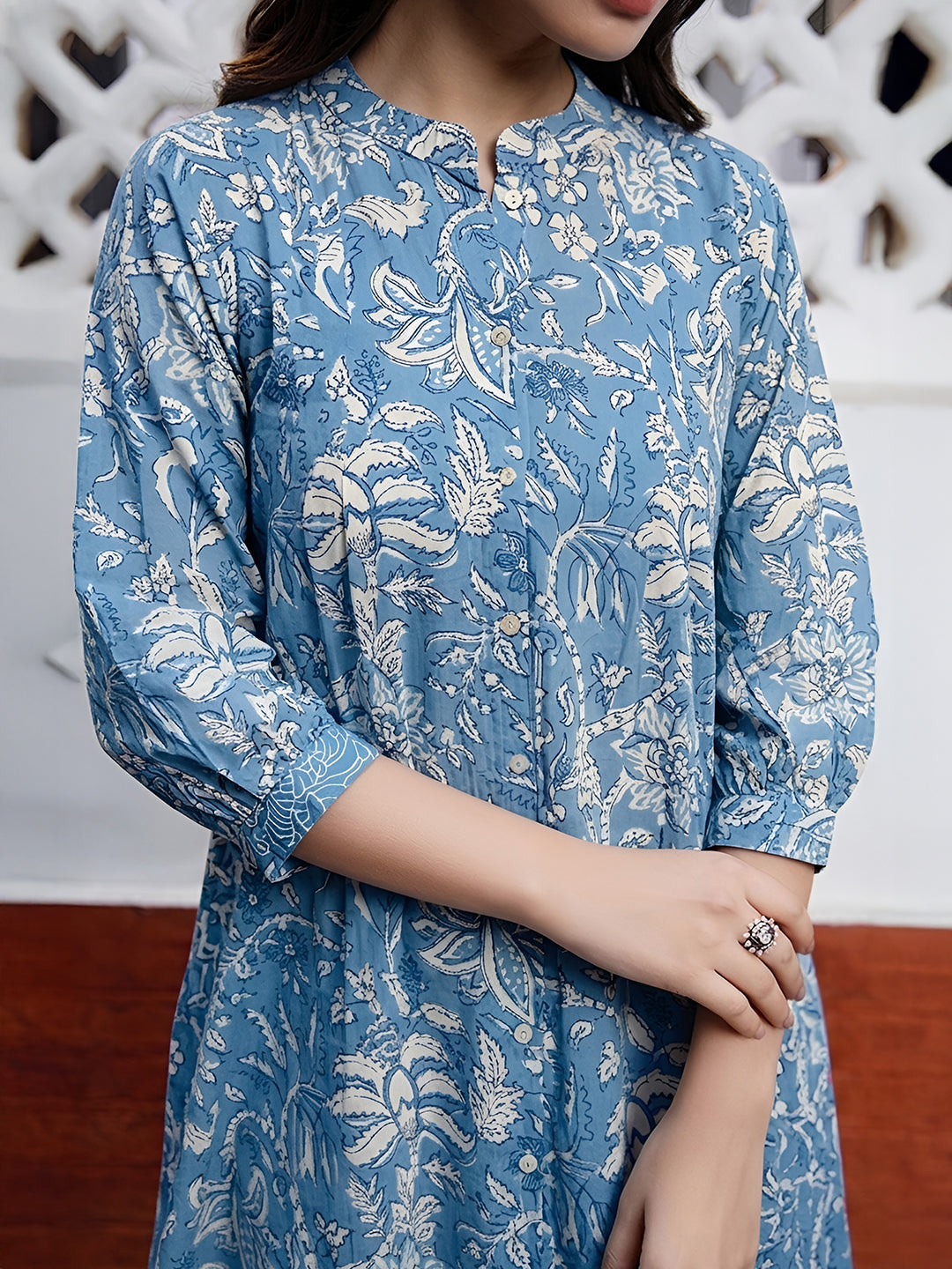 Janasya Women's Sky Blue Pure Cotton Floral Printed A-Line Tunic