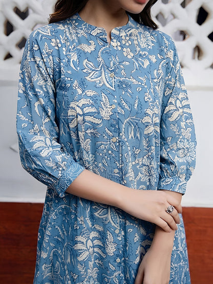 Janasya Women's Sky Blue Pure Cotton Floral Printed A-Line Tunic
