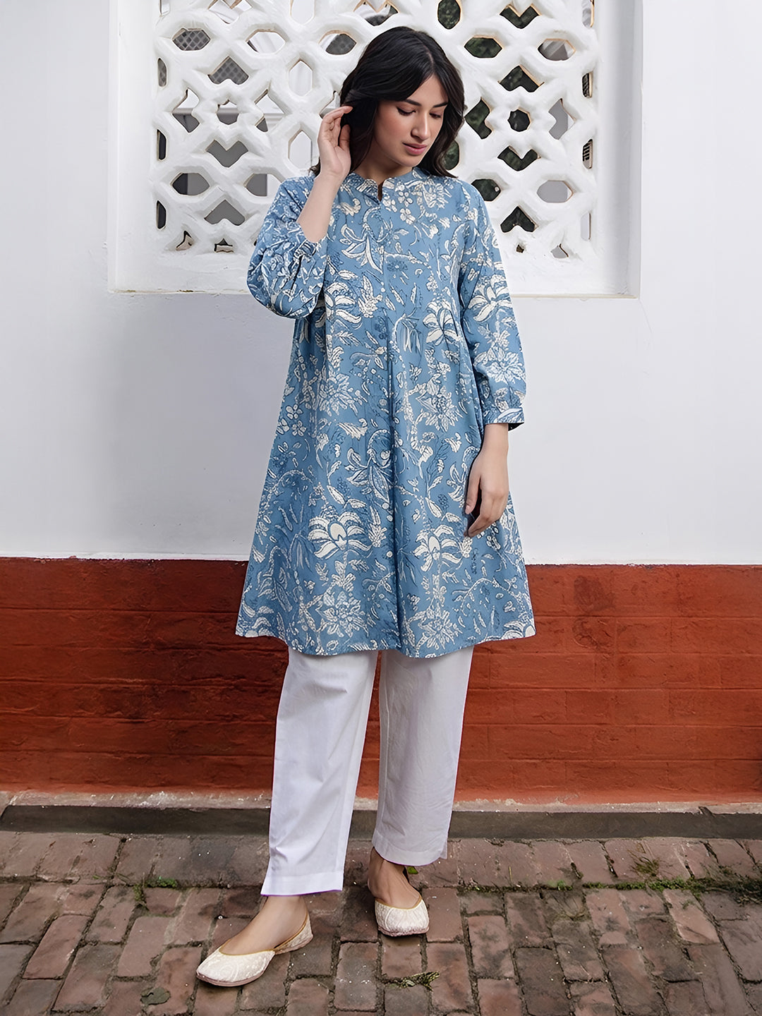 Janasya Women's Sky Blue Pure Cotton Floral Printed A-Line Tunic