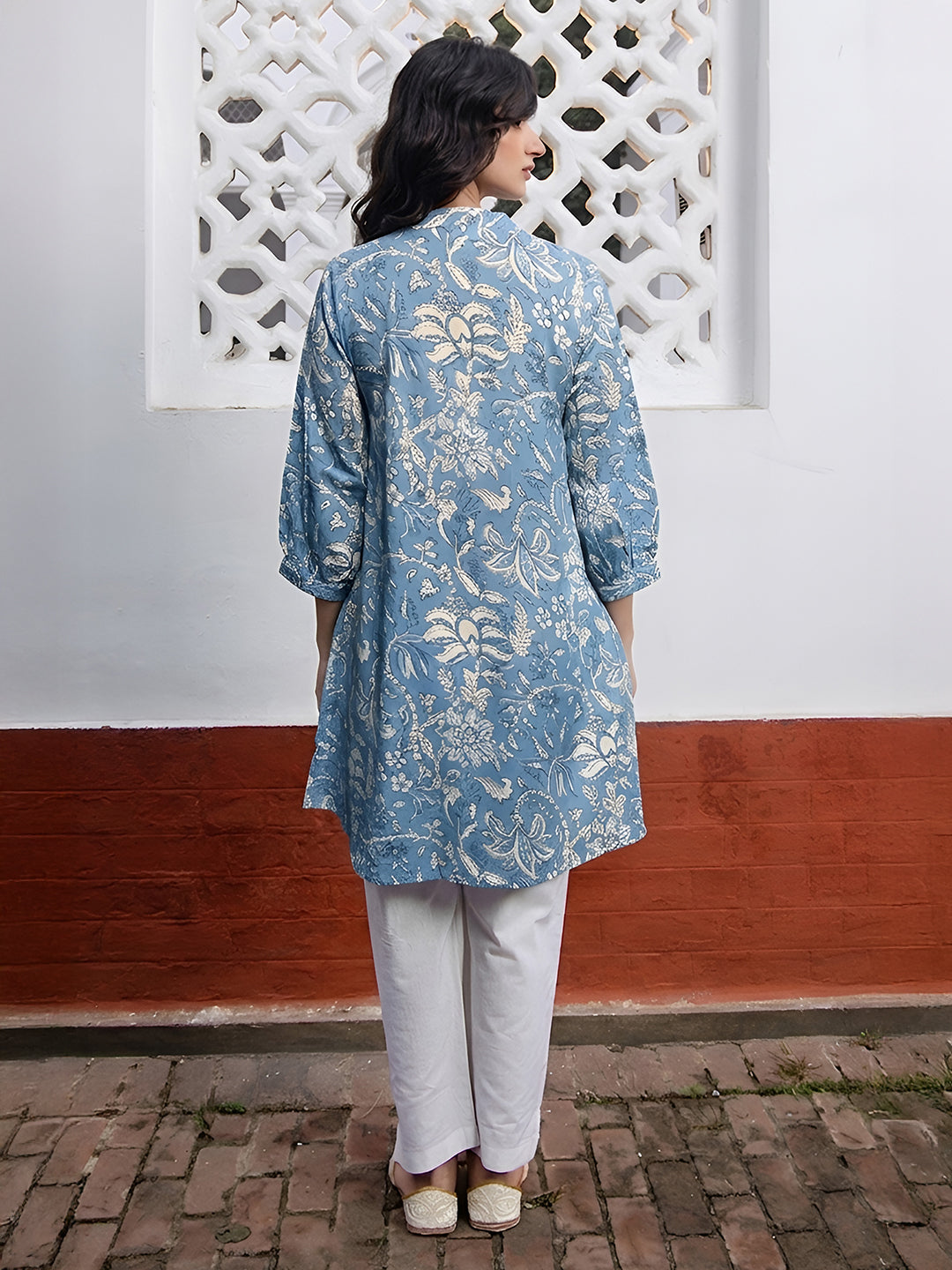 Janasya Women's Sky Blue Pure Cotton Floral Printed A-Line Tunic