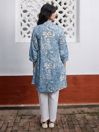 Janasya Women's Sky Blue Pure Cotton Floral Printed A-Line Tunic