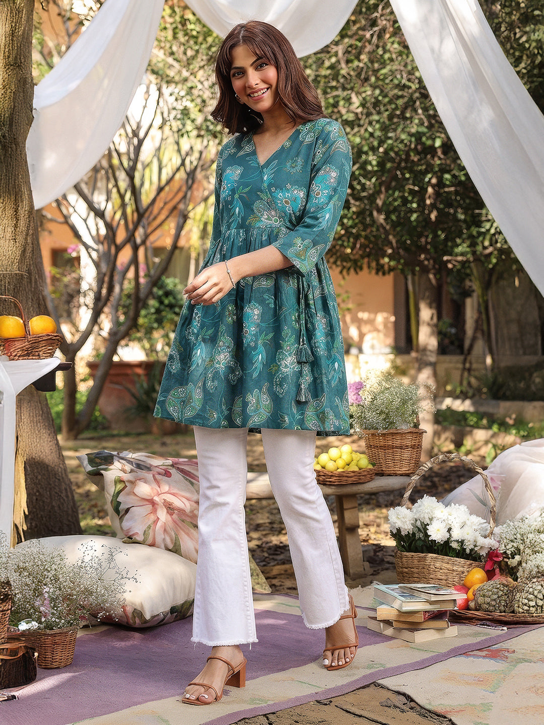 Janasya Women's Teal Green Pure Cotton Paisley Printed Gathered Tunic