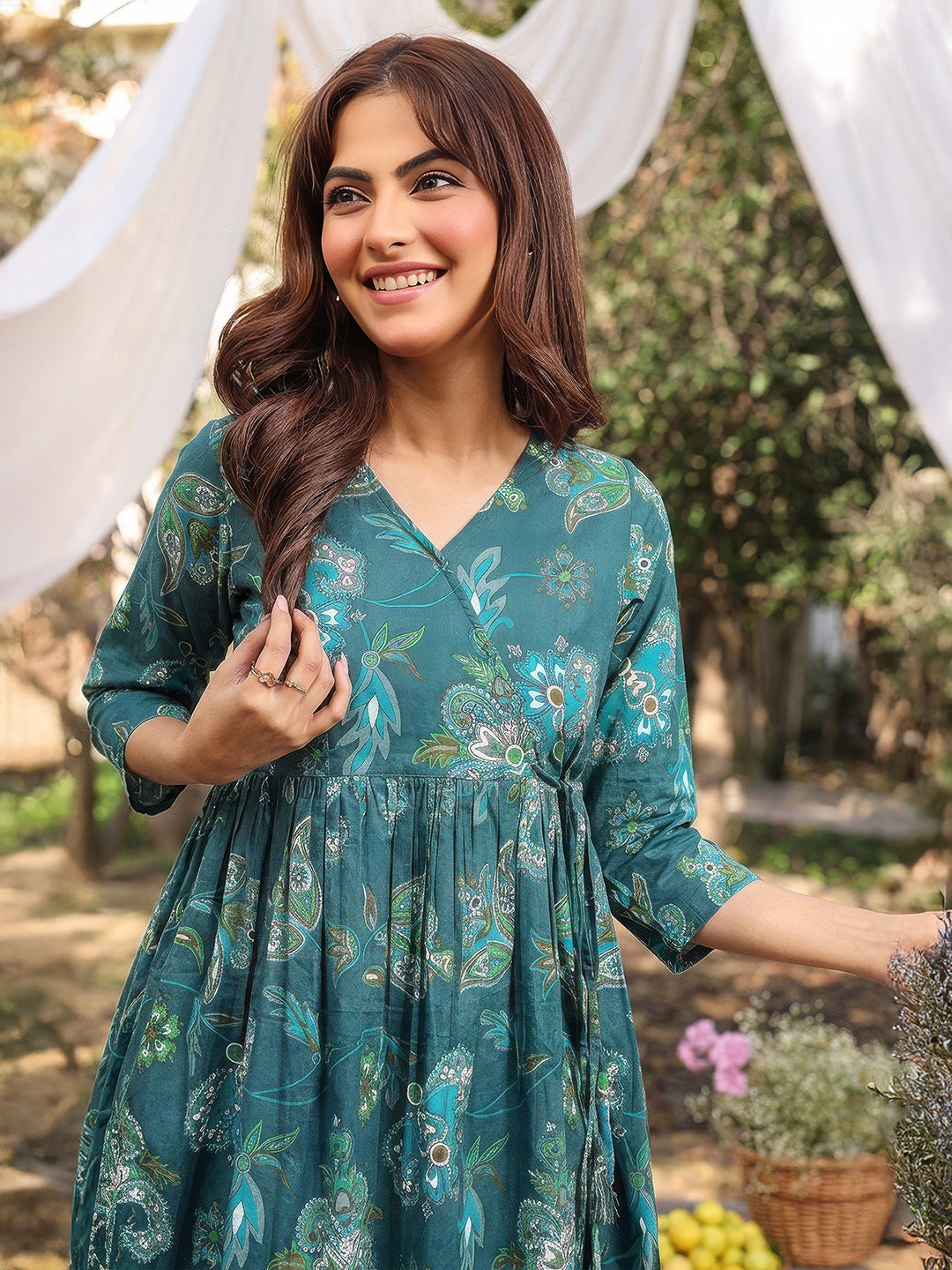 Janasya Women's Teal Green Pure Cotton Paisley Printed Gathered Tunic