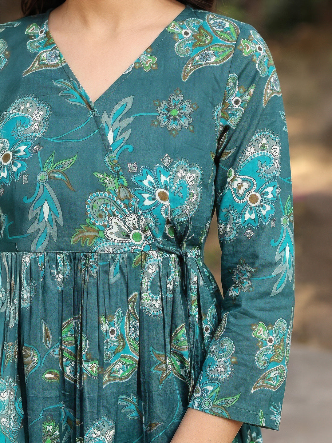 Janasya Women's Teal Green Pure Cotton Paisley Printed Gathered Tunic