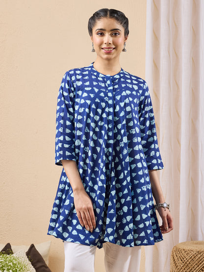 Janasya Women's Blue Pure Cotton Printed A-line Tunic