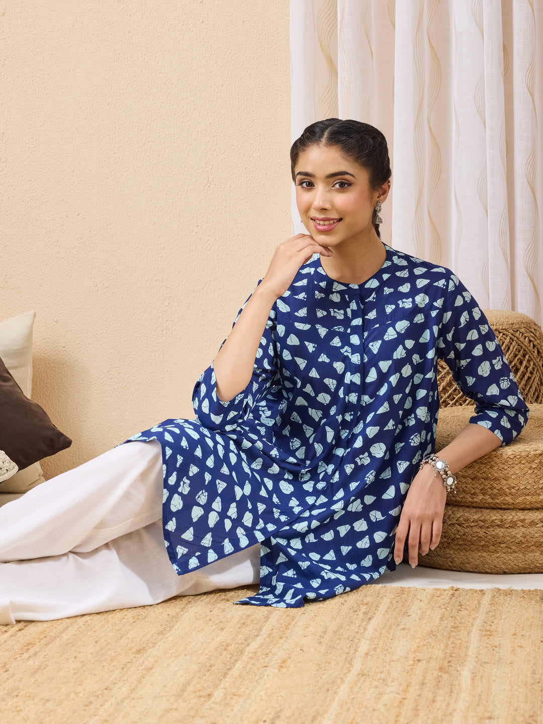 Janasya Women's Blue Pure Cotton Printed A-line Tunic