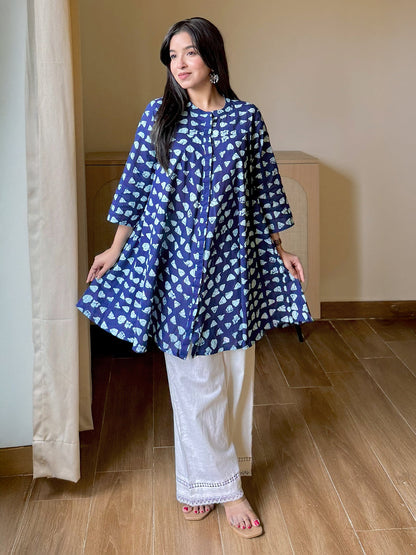 Janasya Women's Navy Blue Pure Cotton Ikkat Printed A-Line Top