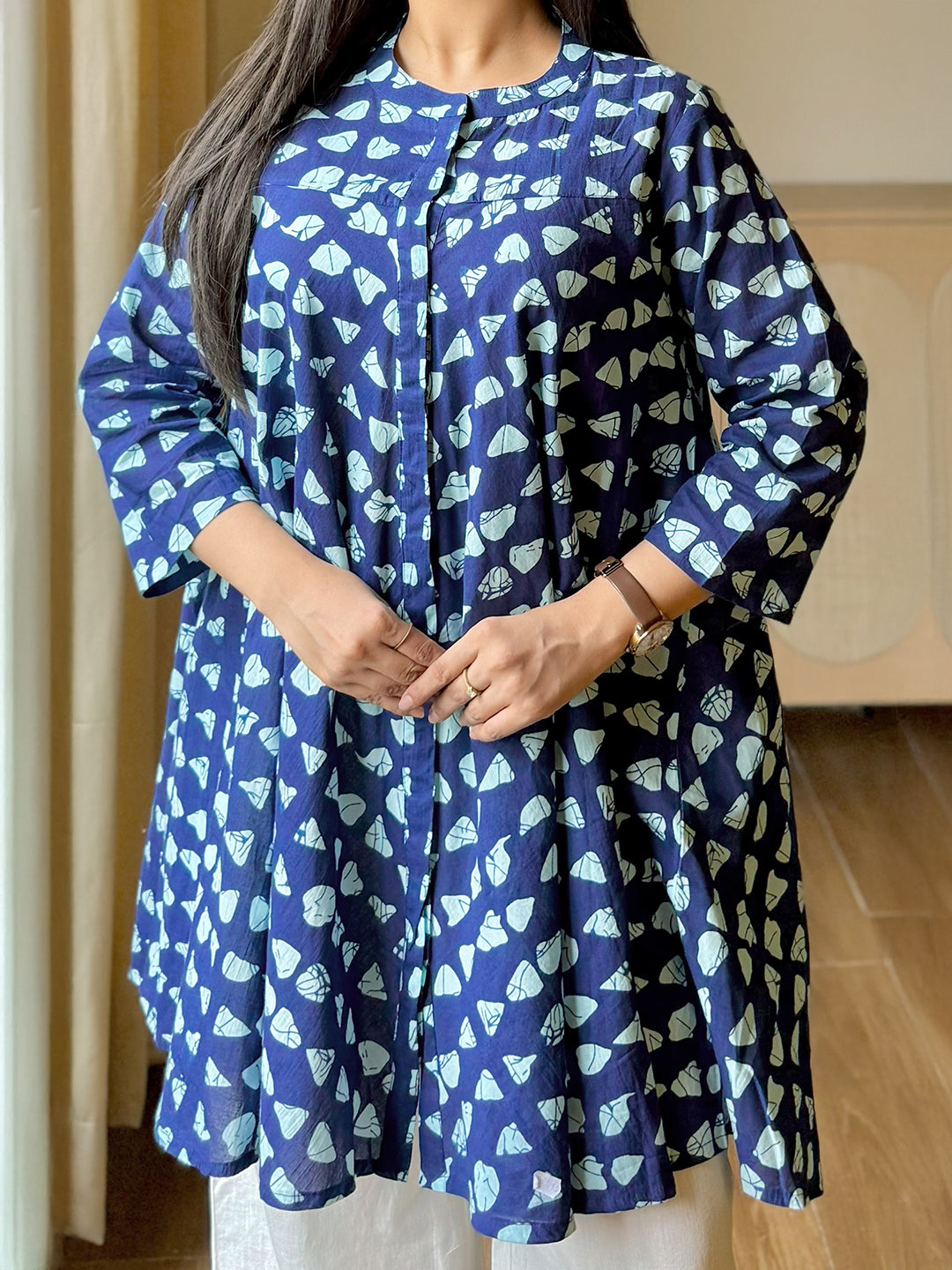 Janasya Women's Navy Blue Pure Cotton Ikkat Printed A-Line Top