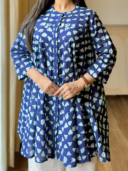 Janasya Women's Navy Blue Pure Cotton Ikkat Printed A-Line Top