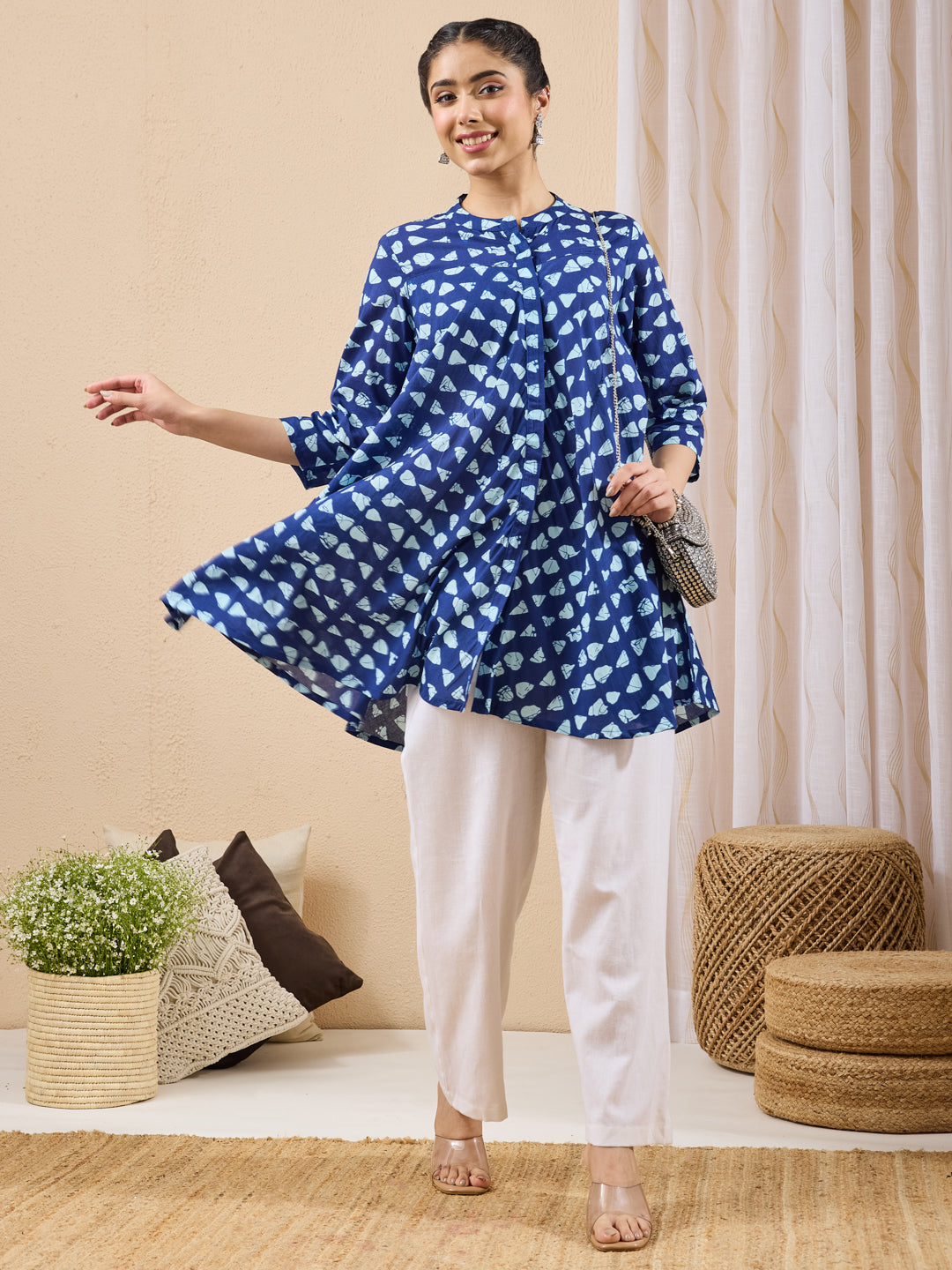 Janasya Women's Blue Pure Cotton Printed A-line Tunic