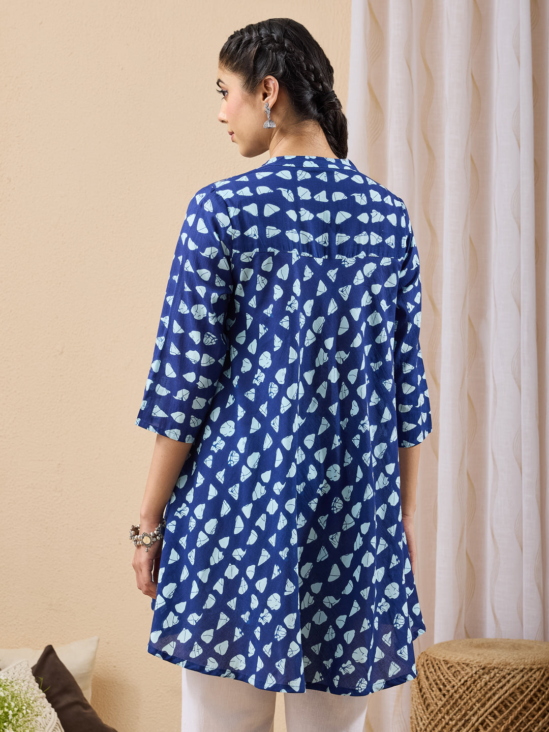 Janasya Women's Blue Pure Cotton Printed A-line Tunic