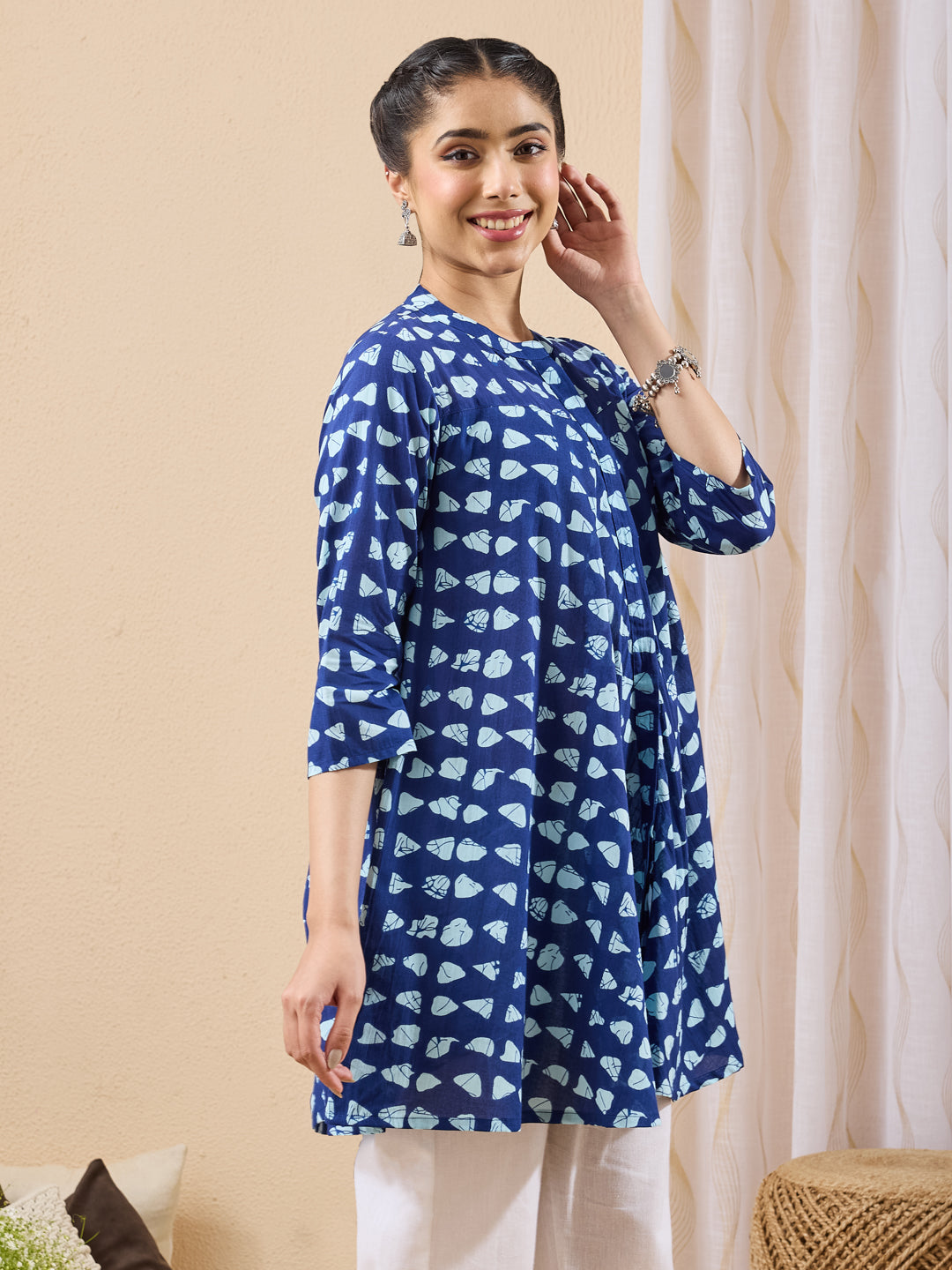 Janasya Women's Blue Pure Cotton Printed A-line Tunic