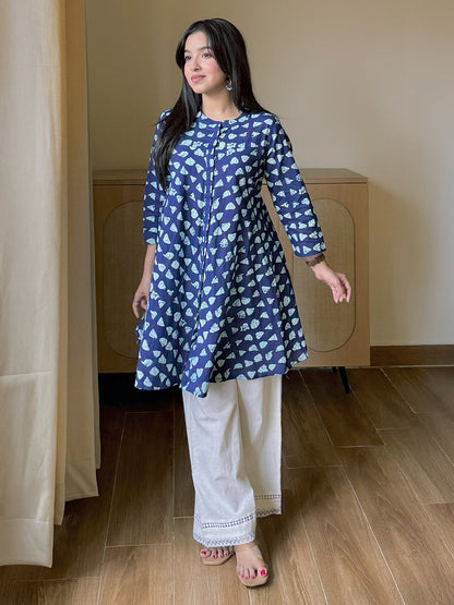 Janasya Women's Navy Blue Pure Cotton Ikkat Printed A-Line Top