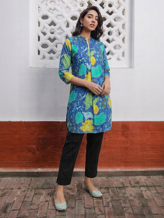 Janasya Women's Blue Pure Cotton Floral Printed A-Line Tunic