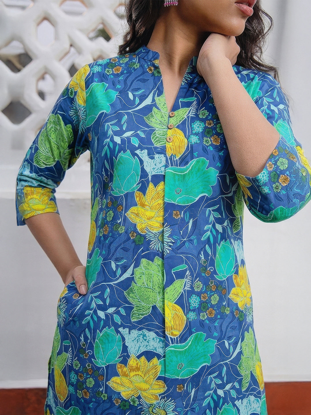 Janasya Women's Blue Pure Cotton Floral Printed A-Line Tunic