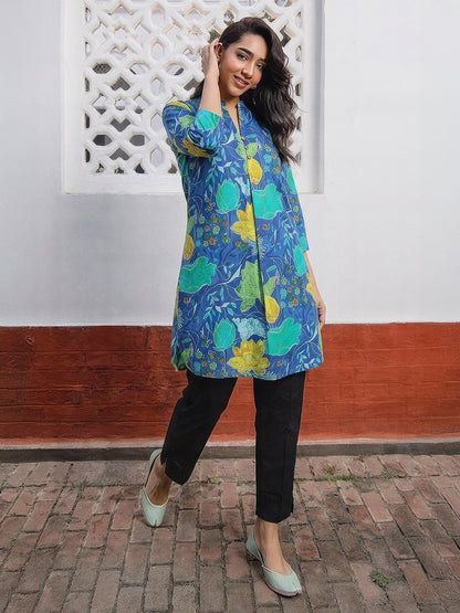 Janasya Women's Blue Pure Cotton Floral Printed A-Line Tunic