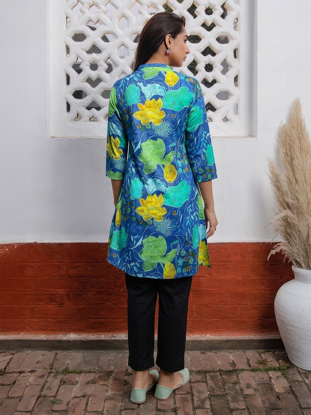 Janasya Women's Blue Pure Cotton Floral Printed A-Line Tunic