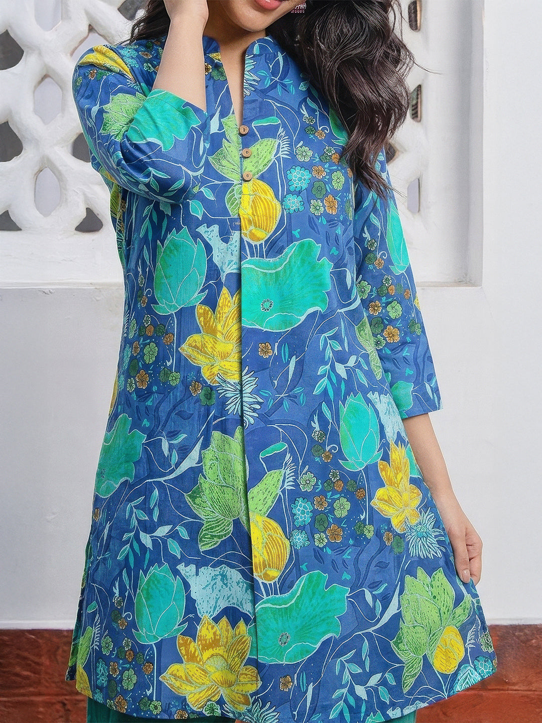 Janasya Women's Blue Pure Cotton Floral Printed A-Line Tunic