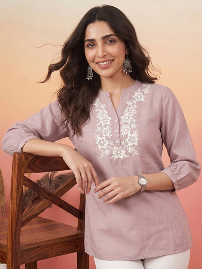 Janasya Women's Lavender Silk Blend Floral Yoke Embroidered Straight Tunic
