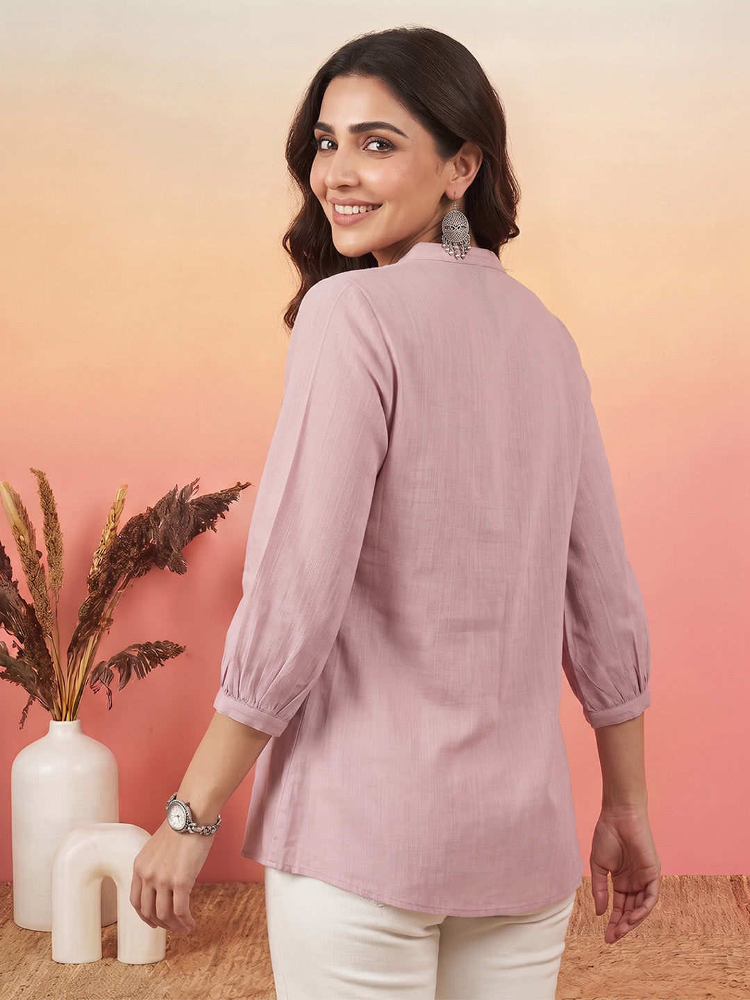 Janasya Women's Lavender Silk Blend Floral Yoke Embroidered Straight Tunic