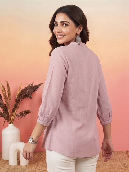 Janasya Women's Lavender Silk Blend Floral Yoke Embroidered Straight Tunic
