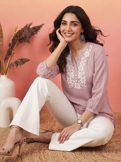 Janasya Women's Lavender Silk Blend Floral Yoke Embroidered Straight Tunic
