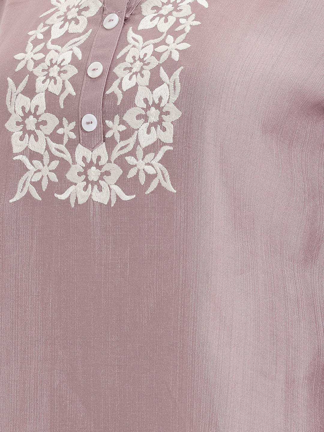 Janasya Women's Lavender Silk Blend Floral Yoke Embroidered Straight Tunic