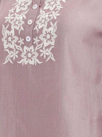 Janasya Women's Lavender Silk Blend Floral Yoke Embroidered Straight Tunic