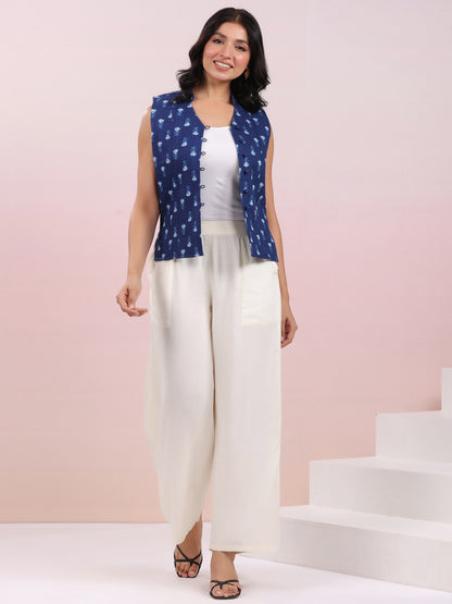 Blue Pure Cotton Ethnic Motifs Printed Quilted Regular Vest Jacket