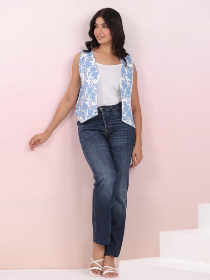 White Pure Cotton Floral Printed Regular Quilted Vest Jacket