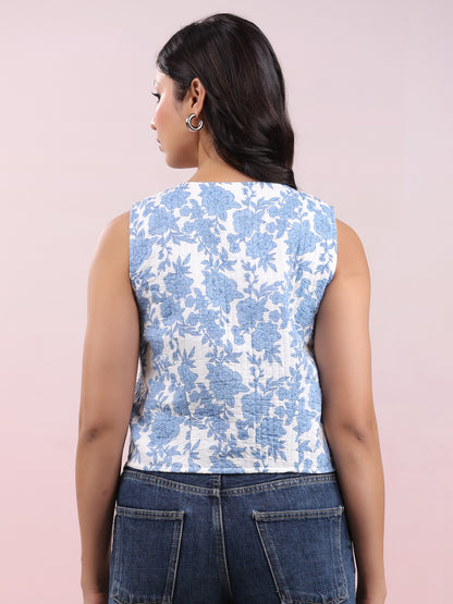 White Pure Cotton Floral Printed Regular Quilted Vest Jacket