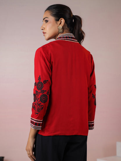 Maroon Rayon Floral Embroidered Jacket