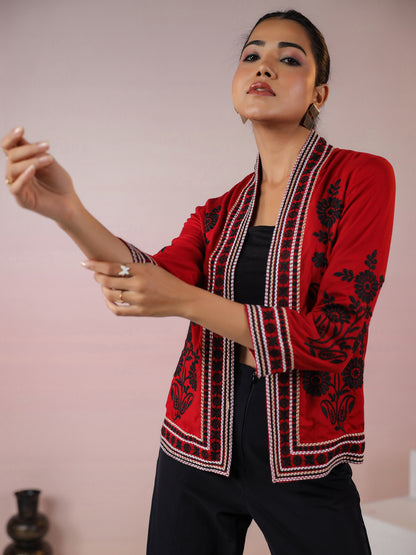 Maroon Rayon Floral Embroidered Jacket