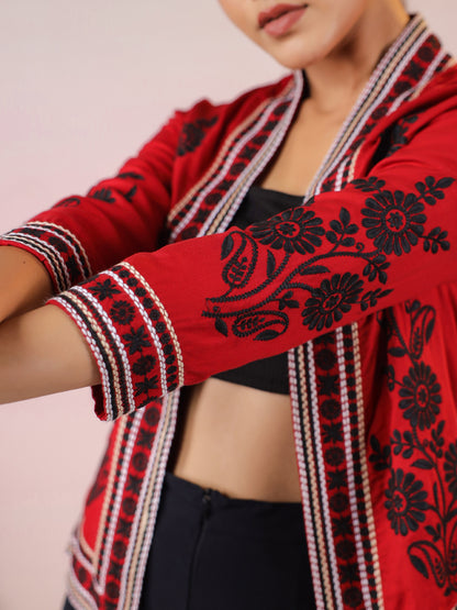 Maroon Rayon Floral Embroidered Jacket