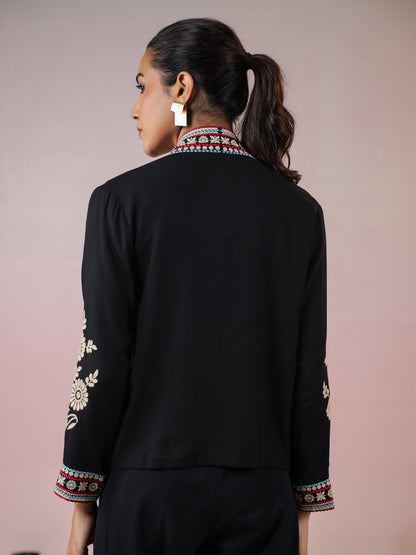 Black Rayon Floral Embroidered Jacket