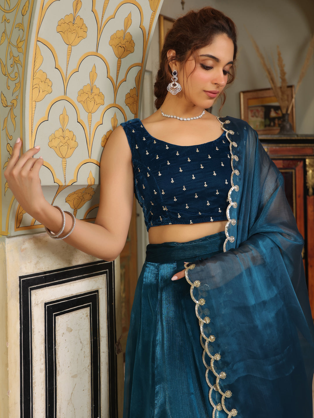 Teal Blue Organza Zari Embroidered Pleated Lehenga Choli Set